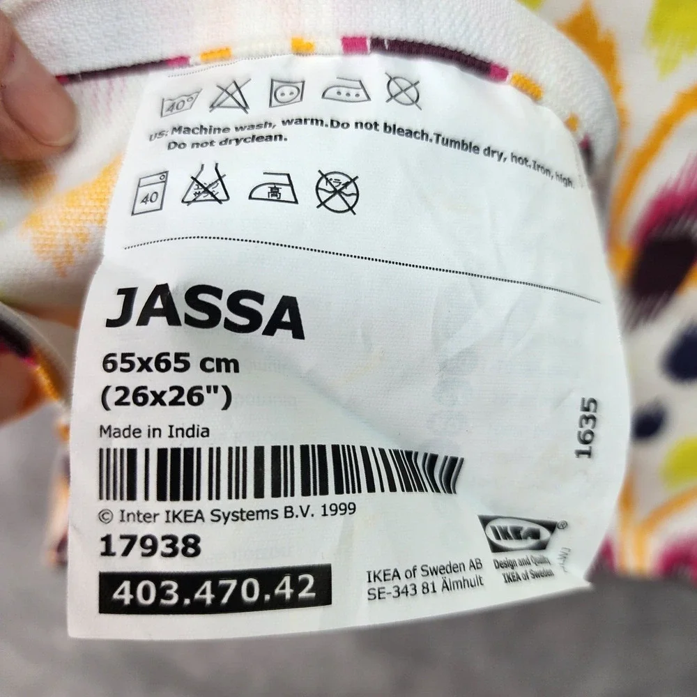 IKEA Jassa Pillow Cover 26x26 White Multi Color Purple Orange Blue Green Geometr